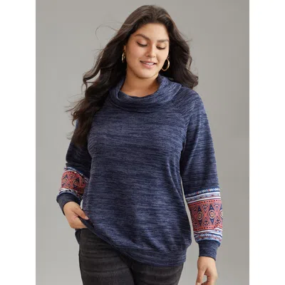 Bloomchic Women's Plus Size Heather Boho Print Raglan Sleeve Turtleneck Sweatshirt Blue Bohemian Print Dailywe
