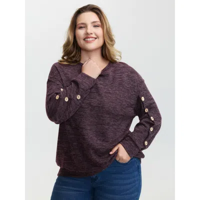 Bloomchic Women's Plus Size Heather Button Detail Overlap Sleeve Sweatshirt Plum Casual 12/l In Purple