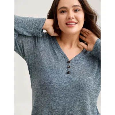 Bloomchic Women's Plus Size Heather Button Up Long Sleeve T-shirt Cerulean Solid Casual Long Sleeve V-neck 18- In Blue