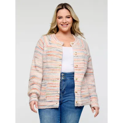 Bloomchic Women's Plus Size Heather Buttons Pockets Knit Cardigan Ivory Long Sleeve 12/l In White