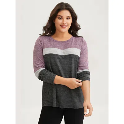 Bloomchic Women's Plus Size Heather Colorblock Contrast Crew Neck T-shirt Black Non Casual Long Sleeve 12/l