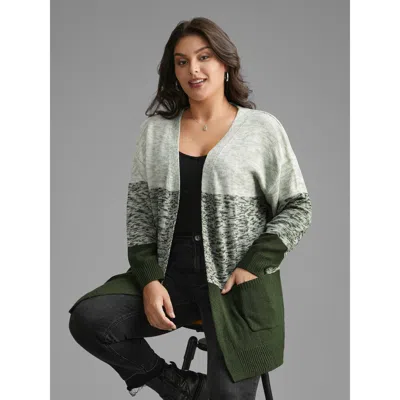 Bloomchic Women's Plus Size Heather Colorblock Contrast Patched Pocket Cardigan Armygreen Long Sleeve 14-16/1x