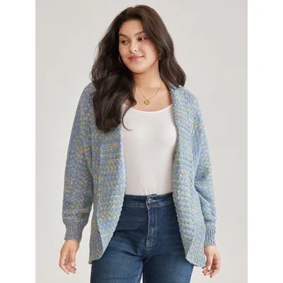 Bloomchic Women's Plus Size Heather Contrast Lapel Collar Curved Hem Cardigan Lightblue Long Sleeve 22-24/3x In Blue