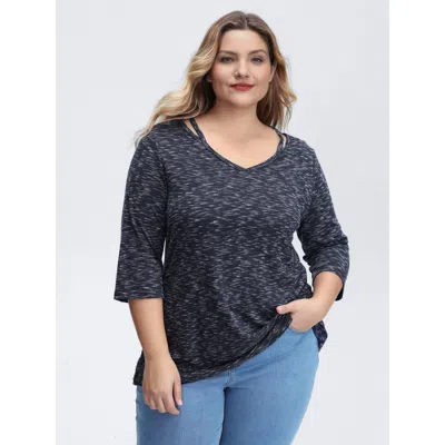 Bloomchic Women's Plus Size Heather Cut-out Neckline T-shirt Navy Non Casual 3/4 Sleeve 10/m In Blue