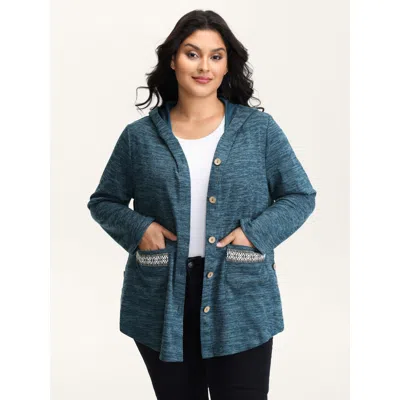Bloomchic Women's Plus Size Heather Faux Cashmere Pockets Kimono Cerulean Woven Ribbon&lace Trim H-line Patch  In Blue
