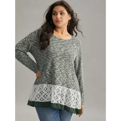 Bloomchic Women's Plus Size Heather Guipure Lace Round Neck T-shirt Darkgreen Long Sleeve Dailywear 14-16/1x In Green