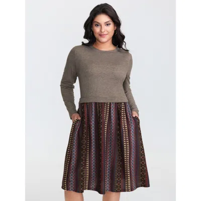 Bloomchic Women's Plus Size Heather Knit Stripe Layered Midi Dress Multicolor Bohemian Print Short Casual Text