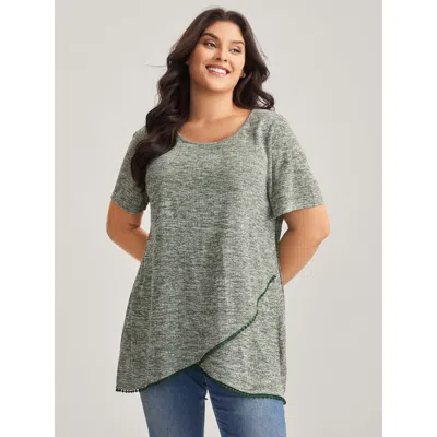 Bloomchic Women's Plus Size Heather Lace Overlap Hem Solid T-shirt Moss Non Casual Short Sleeve 12/l In Green