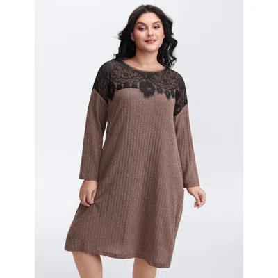 Bloomchic Women's Plus Size Heather Lace Ribbed Pockets Midi Dress Yellowishbrown Synthetic Texture Knee Casua