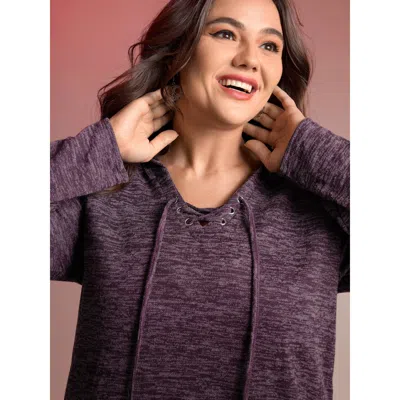 Bloomchic Women's Plus Size Heather Neck Cross-tie Hoodie Eggplant Not Graphics Casual Hooded Neck 12/l In Purple