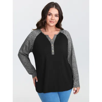 Bloomchic Women's Plus Size Heather Patchwork Button Detail Stretchy T-shirt Black Solid Casual Long Sleeve V-