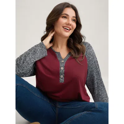 Bloomchic Women's Plus Size Heather Patchwork Button Detail Stretchy T-shirt Burgundy Solid Casual Long Sleeve