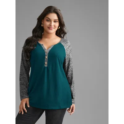 Bloomchic Women's Plus Size Heather Patchwork Button Detail Stretchy T-shirt Cyan Solid Casual Long Sleeve V-n In Blue
