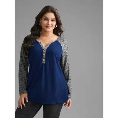 Bloomchic Women's Plus Size Heather Patchwork Button Detail Stretchy T-shirt Darkblue Solid Casual Long Sleeve In Blue