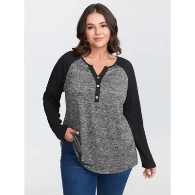 Bloomchic Women's Plus Size Heather Patchwork Button Detail Stretchy T-shirt Darkgray Solid Casual Long Sleeve In Gray