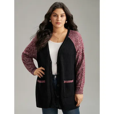 Bloomchic Women's Plus Size Heather Patchwork Raglan Sleeve Pocket Cardigan Black Long Sleeve 14-16/1x