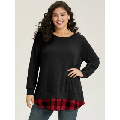 Bloomchic Women's Plus Size Heather Plaid Patchwork Crew Neck T-shirt Black Plaid Casual Long Sleeve Round Nec