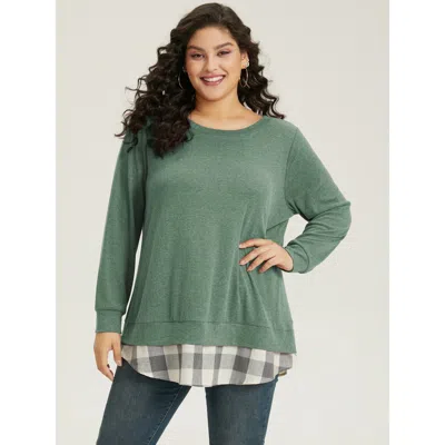 Bloomchic Women's Plus Size Heather Plaid Patchwork Crew Neck T-shirt Green Plaid Casual Long Sleeve Round Nec