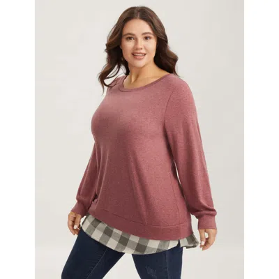 Bloomchic Women's Plus Size Heather Plaid Patchwork Crew Neck T-shirt Russet Plaid Casual Long Sleeve Round Ne In Brown