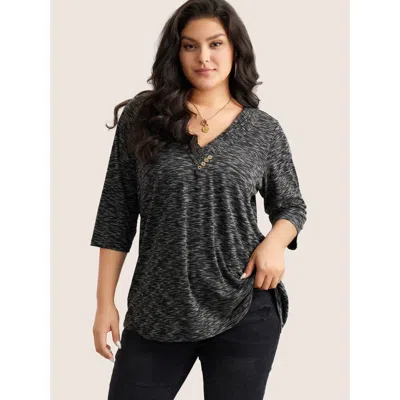 Bloomchic Women's Plus Size Heather Pleated Button Detail T-shirt Black Marled / Heathered Casual 3/4 Sleeve V