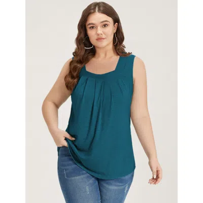 Bloomchic Women's Plus Size Heather Plicated Detail Square Neck Tank Top Aegean Casual Fit & Flare U-neck 10/m In Blue