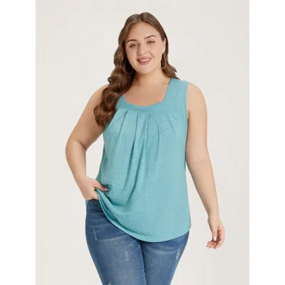 Bloomchic Women's Plus Size Heather Plicated Detail Square Neck Tank Top Turquoise Casual Fit & Flare U-neck 1 In Blue