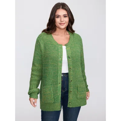 Bloomchic Women's Plus Size Heather Pockets Button Knit Cardigan Moss Long Sleeve 10/m In Green