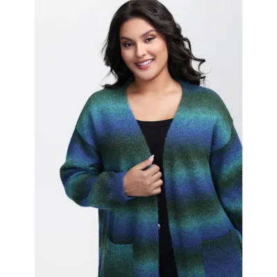 Bloomchic Women's Plus Size Heather Pockets Open-front Knit Cardigan Darkblue Long Sleeve 10/m In Blue
