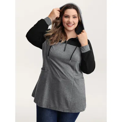 Bloomchic Women's Plus Size Heather Stretchy Colorblock Long Hoodie Black Casual 10/m