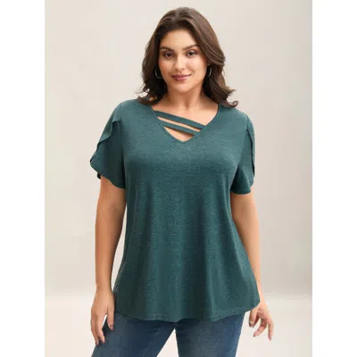 Bloomchic Women's Plus Size Heather Stretchy Neck Cut-out T-shirt Darkgreen Solid Casual Short Sleeve V-neck 2 In Green