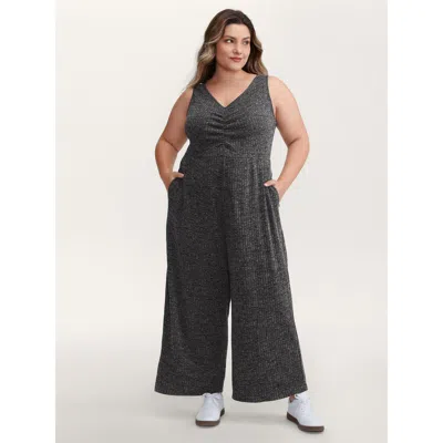 Bloomchic Women's Plus Size Heather Stretchy Waistband Ruched Jumpsuit Black Casual 12/l