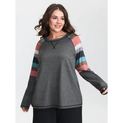 Bloomchic Women's Plus Size Heather Striped Color Block Sleeves T-shirt Dimgray Color Block Casual Long Sleeve