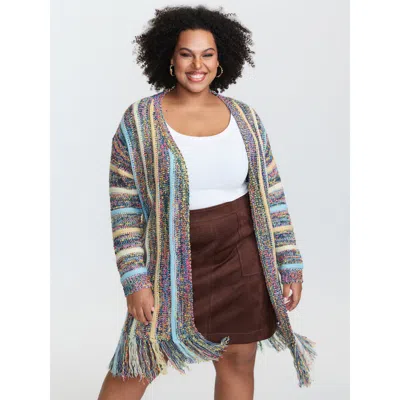 Bloomchic Women's Plus Size Heather Striped Fringes Open-front Knit Cardigan Indigo Long Sleeve 10/m In Purple