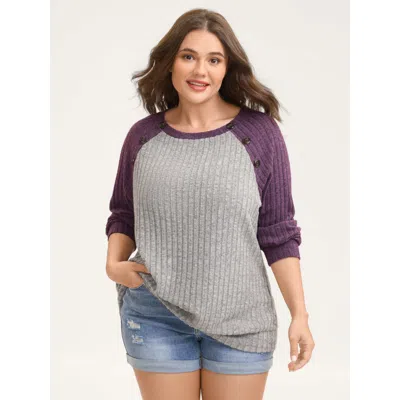Bloomchic Women's Plus Size Heather Textured Color Contrast Sweatshirt Multicolor Not Graphics Casual Round Ne