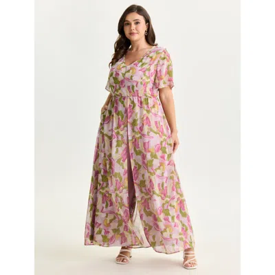 Bloomchic Women's Plus Size Hidden Zipper Floral Layered Pockets Jumpsuit Beanpastepowder Elegant 10/m