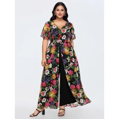 Bloomchic Women's Plus Size Hidden Zipper Floral Layered Pockets Jumpsuit Black Elegant 10/m