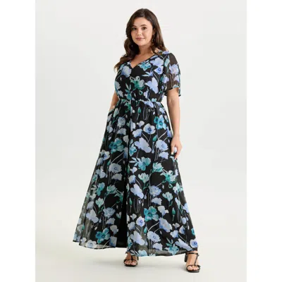 Bloomchic Women's Plus Size Hidden Zipper Floral Layered Pockets Jumpsuit Blackflower Elegant 10/m