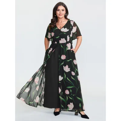 Bloomchic Women's Plus Size Hidden Zipper Floral Layered Pockets Jumpsuit Blackflower Elegant 12/l