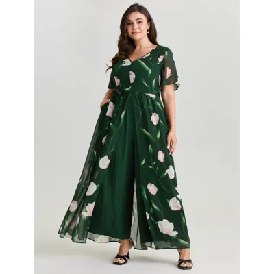 Bloomchic Women's Plus Size Hidden Zipper Floral Layered Pockets Jumpsuit Cyan Elegant 18-20/2x In Blue