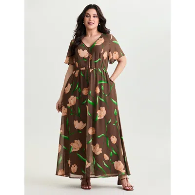 Bloomchic Women's Plus Size Hidden Zipper Floral Layered Pockets Jumpsuit Darkbrown Elegant 10/m In Brown