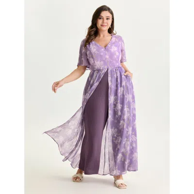Bloomchic Women's Plus Size Hidden Zipper Floral Layered Pockets Jumpsuit Lilac Elegant 22-24/3x In Purple