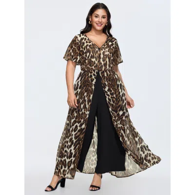 Bloomchic Women's Plus Size Hidden Zipper Leopard Layered Pockets Jumpsuit Leopard Elegant 12/l In Brown