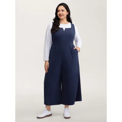 Bloomchic Women's Plus Size Hidden Zipper Pockets Wide-leg Jumpsuit Darkblue Casual 12/l In Blue