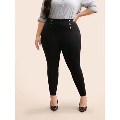 Bloomchic Women's Plus Size High Rise Button Detail Stretchy Pants Black Non Skinny Fit High Rise Office 10/m