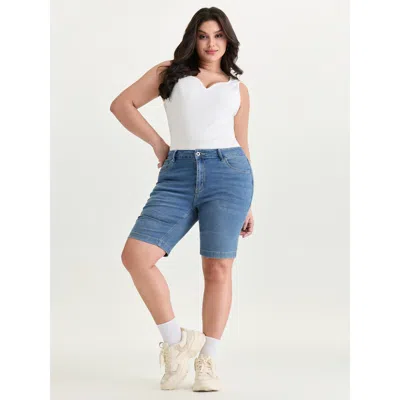 Bloomchic Women's Plus Size High Rise Knee-length Skinny-fit Denim Shorts Blue Not Graphics Non Skinny Fit Hig