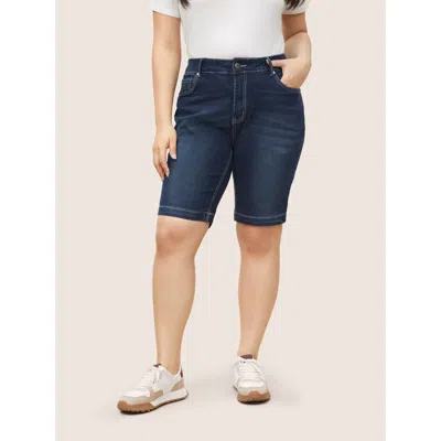 Bloomchic Women's Plus Size High Rise Knee-length Skinny-fit Denim Shorts Darkblue Not Graphics Non Skinny Fit In Blue
