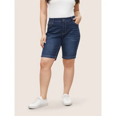 Bloomchic Women's Plus Size High Rise Knee-length Skinny-fit Denim Shorts Indigo Not Graphics Non Skinny Fit H In Purple