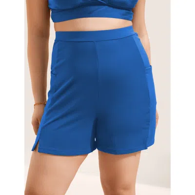 Bloomchic Women's Plus Size High Rise Pocket Split Side Swim Shorts Mediumblue Solid Short Non Elastic Waist 1