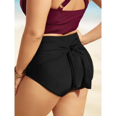 Bloomchic Women's Plus Size High Rise Tie Knot Gathered Swim Bottom Black Solid Booty Ruched Elastic Waist 30/