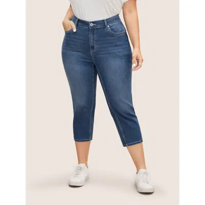Bloomchic Women's Plus Size High Stretch Slanted Pocket Slim Cropped Jeans Denimblue Button Skinny Fit High St In Blue